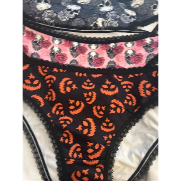 Morvia 3pk lace trim goth Skater Emo Goth panties M Blk Orange Pink Skull Jack - Picture 1 of 10